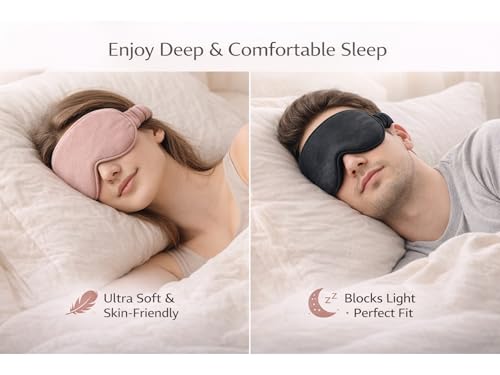 Image of Velvet Eye Sleep Mask for Men & Women Soft Light Blocking Sleeping Eye Mask with Adjustable Strap Travel Relaxation Eye Cover for Home Flight Deep Rest (Black + Dusty Pink)
