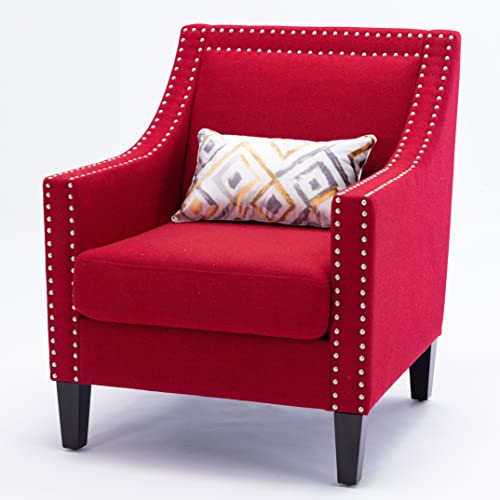 Linen Armchair With Nailheads And Wood Legs, Modern Accent Chair Upholstered Reading Chair, Sofa Side Chair, Lounge Chair For Living Room Bedroom, Home, Office (Red) #TOP1