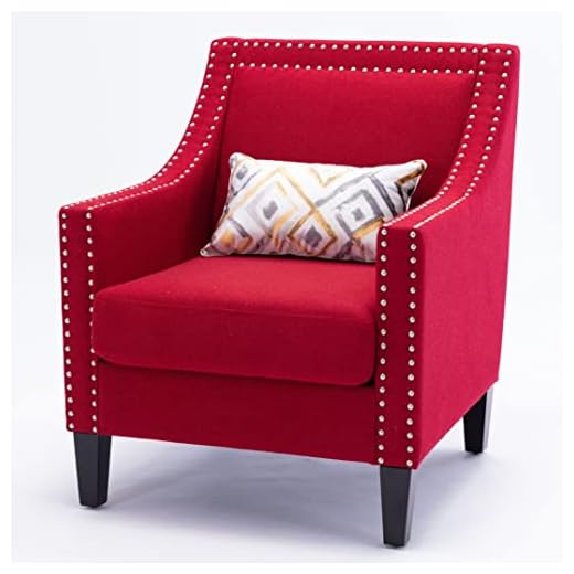 Linen Armchair with Nailheads and Wood Legs, Modern Accent Chair Upholstered Reading Chair, Sofa Side Chair, Lounge Chair for Living Room Bedroom, Home, Office (Red)