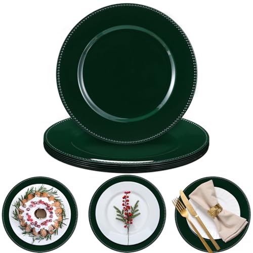 Bokon 6 Pack Christmas Charger Plates 13" Round with Beaded Plastic Charger Plates Elegant Reliable Reusable for Holiday Wedding Party Event Xmas Table Tabletop Dinner Decoration(Green,Classic)