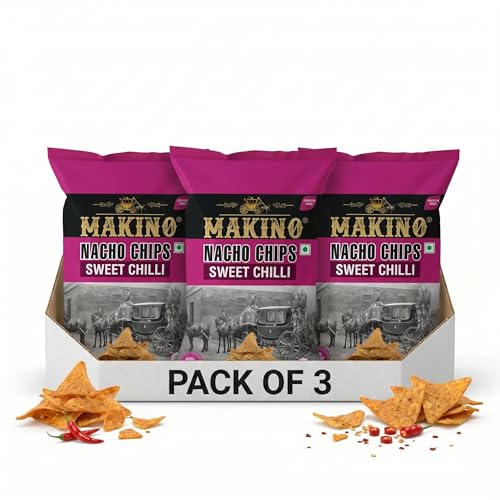 Image of Makino Nachos Chips Sweet Chilli Flavor | Corn Nachos Snack (150g x 3) | Crunchy Tortilla Chips for Dip & Party | Gluten Free Snack