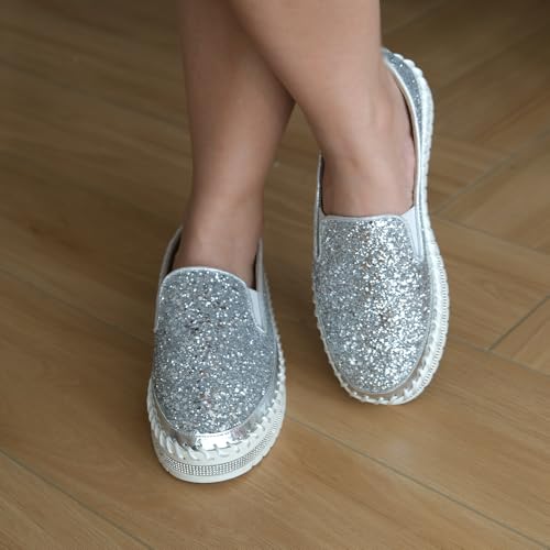Image of Women's Platform Rhinestones Glitter Fashion Sneakers Comfortable Slip On Flat Loafers Walking Wedding Dress Shoes Casual Shoes