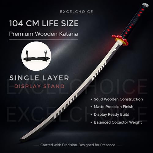 Image of EXCELCHOICE Demon Slayer Tanjiro Katana Sword - Fire God Tanjiro x Rengoku Flame Anime Replica, 104 cm Life Size Bamboo Silver Blade Wood Katana (Single Layer Stand Included) 2026 Model Anime Gift