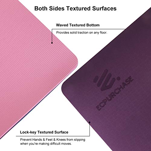 ECPurchase Yoga Mat with Carrying String Bag, Extra 6mm(1/4\") Thickness Dual Texture Design Non Slip Exercise & Fitness Mat for All Types of Yoga, Pilates and Floor Workouts (Pink)