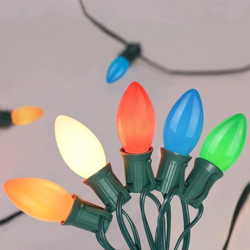 Image of C9 Multicolor Christmas Lights Outdoor, 25Ft Vintage Christmas String Lights with 26 Colorful Ceramic Bulbs, Hanging Patio Lights for Outdoor Roofline Christmas Tree Garden Pathway Decor, Green Wire