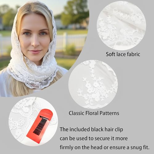 Lusstiazz Triangle Mantilla Veil Lace Edge - Catholic Church Wedding Chapel Veil, Christian Communion Head Covering Scarf for Women (White)