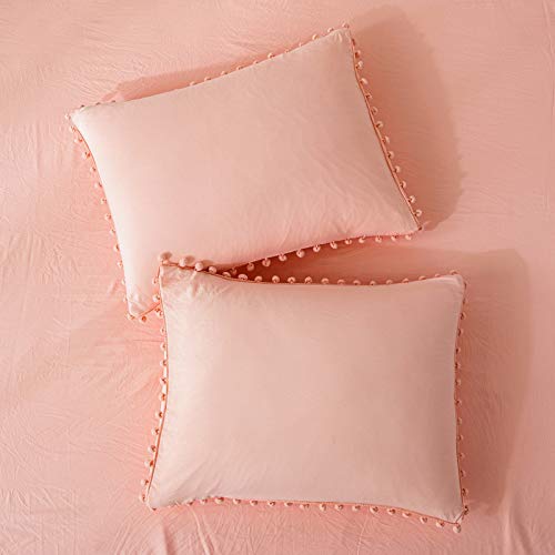 MOVE OVER Pink/Peach Pom Poms Pillow Case, Pink Standard Pillowcases Set of 2, 100% Washed Microfiber, Pink Girls Ball Fringe Pillow Shams, 2 Pack (Standard, Pink/Peach)