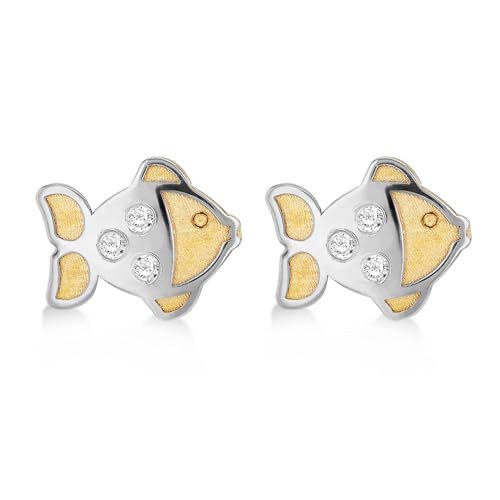 Boucles clous poisson or bicolore 9 ct CZ, le cadeau idéal pour femme