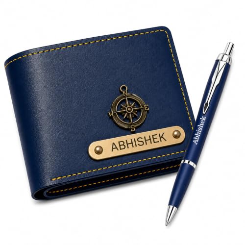 Image of Personalized Men's Wallet with Name & Metal Pen | Customized Slim Stylish Wallet with Charm | Gift for Men, Husband, Boyfriend, Father, Brother | Birthday, Anniversary, Teachers (Blue)