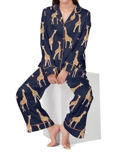 Image of SHESHOW Satin Pajamas Set for Women Set Long Sleeve Button Down Pjs Sets 2 Piece Loungewear Animal Sleepwear XS-XXL