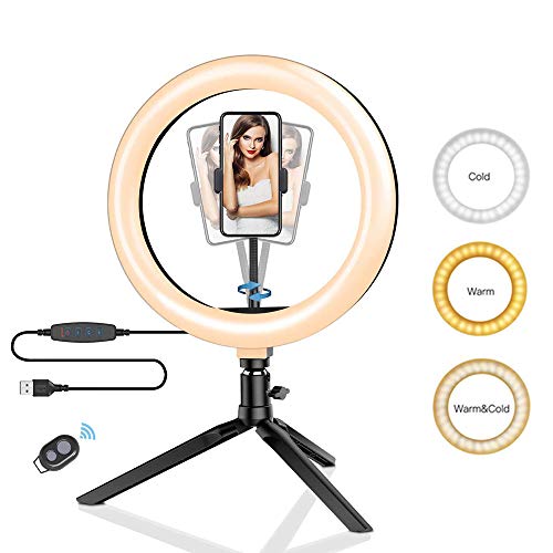 10 Inch Selfie Ring Light with Tripod Stand for Live Stream, 10 Brightness Level 3 Light Mode