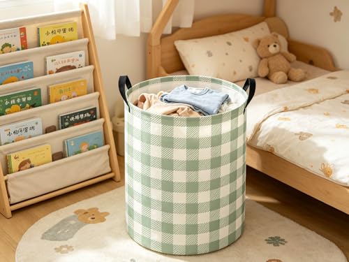 Image of Baby Laundry Hamper kids laundry Basket Waterproof Laundry Bag for Bedroom Clothes Organizer Room Decor(Green Checkered)