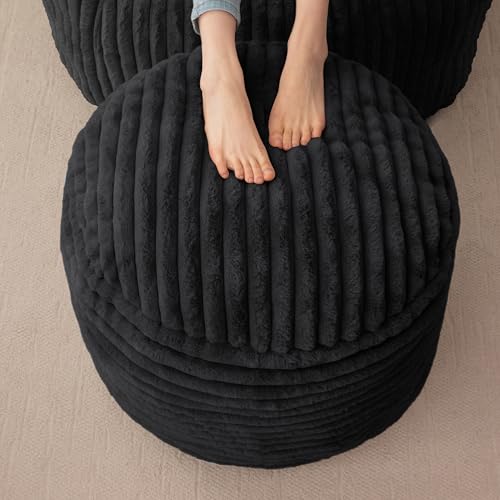 HIGOGOGO Round Stuffed Pouf Ottoman Corduroy Poufs with High-Density Foam Filling Furry and Fluffy Pouf Foot Stool Storage Ottoman 20 X 15 Floor Poufs Foot Rest for Living Room Black