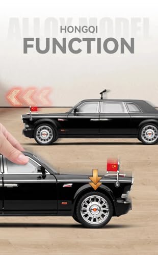 Image of 1:24 HONGQI L5 Military Parade Car Model | Diecast Metal Toy Car with Pull Back Action, Sound & Light | Openable Doors | Premium Vintage Sedan for Kids & Collectors