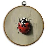 CUANFDDSF Vintage Ladybug Round Wall Art, Farmhouse Cottagecore Lady Bugs Framed Hanging Wall Decor, Retro Rustic Insect Canvas Prints Decorations for Home Bedroom Living Room, 10x10 Inch
