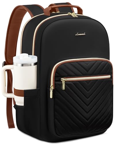 LOVEVOOK Laptop Backpack for Women with Giant Tumbler Holder 15.6 inch,Designer Travel Backpack Laptop Bag College Backpack,Quilted Work Nurse Teacher Backpack Purse Computer Bag Daypack,Black Brown