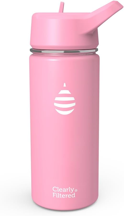 Clearly Filtered Water Bottle | Removes 200+ Contaminants, Double-Wall Insulated Stainless Steel, BPA/BPS Free, Phthalate Free, Filters Flouride Lead Chlorine (16oz, Bubble Gum)