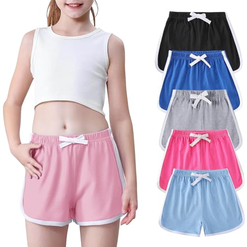 Girls Summer Cotton Dophin Shorts 5-Pack Comfy Elastic Waist Loose Colorblock Boys Running Shorts for Toddler 1-11 Years