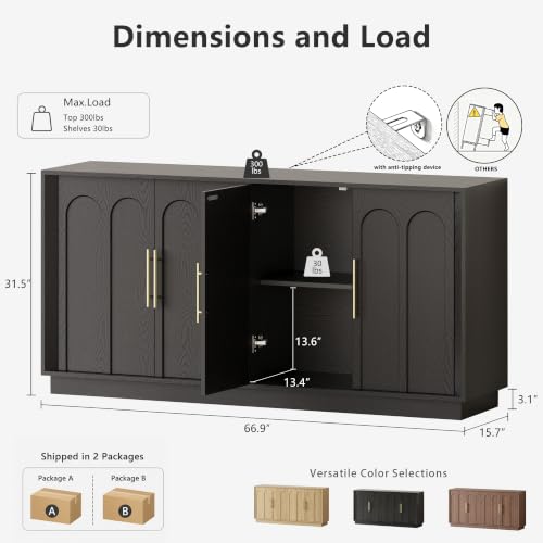 Image of FORTUNETEC Sideboard Buffet Cabinet with Storage, Modern Accent Cabinet with Arched Doors, Modular Media Console, 67 inch Large Minimalist Credenza for Living Room Kitchen Dining Room Entryway, Black
