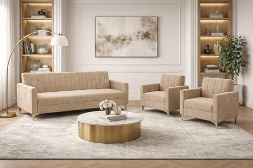 Image of Marvello 3+1+1 Fabric Sofa Set for Living Room | Soft Velvet Upholstery, Sturdy Wooden Frame | Stylish Sofa for Hall & Office Spaces (Beige)