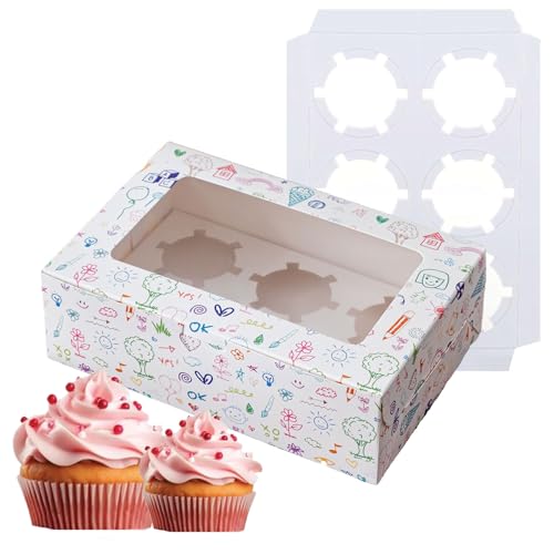 DONHUA - Graffiti Pattern Cupcake Boxes, 10 Set White Containers 6 Count with Window Inserts, Disposable Holder for Muffins, Cookies, Dessert