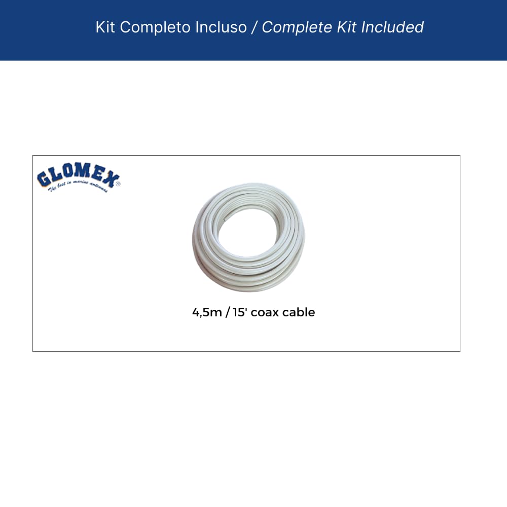 Glomex – Antenne VHF "Basic Line" 1,5 m (Blanc), modèle RA400CR – Virole en laiton chromé, comprend câble 4,5 m, 3 dB, DC Ground, pour bateaux à moteur – Qualité et finitions supérieures