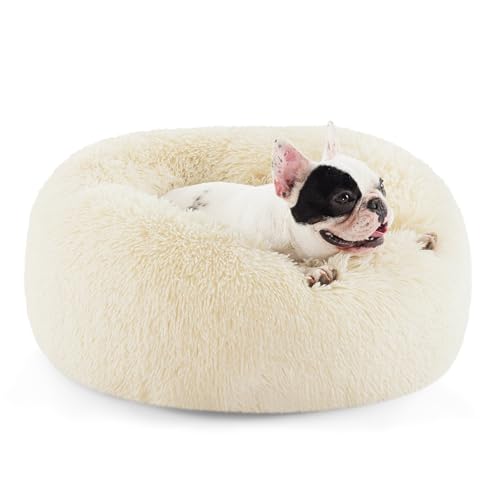 Image of Bedsure Calming Dog Bed for Small Medium Dogs - Donut Washable Medium Pet Bed, 27 inches Anti-Slip Round Fluffy Plush Faux Fur Cat Bed, Ivory Beige