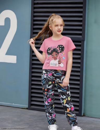 Image of mksodop Girls Outfit Set Graphic T Shirt and Camo Jogger Pants Cute Casual Clothes for Girls 5-16 Years