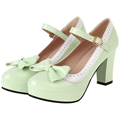 Meefit Womens Wingtip Mary Janes Patent Leather Rockabilly Shoes Platform Bow Block High Heels Vintage Lolita Pumps