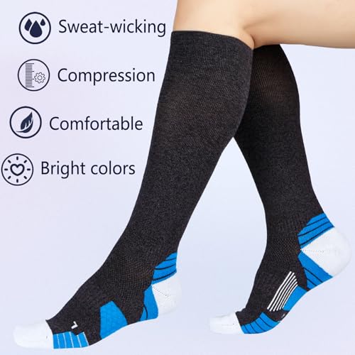 Image of +MD Cotton Compression Socks for Women & Men 4 /6 Pairs 15-20mmHg Knee High for Sports, Travel, Nursing Long Sitting Standing