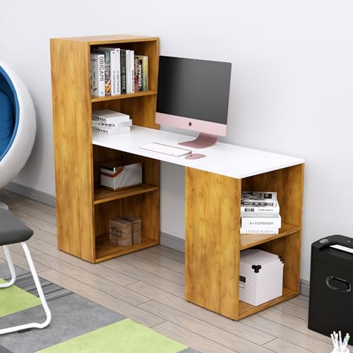 Image of Bniture Wooden Study Table for Home with Bottom Storage | Engineered Wood Study Table with Book Shelf | Multi Purpose Computer Desk for Writing, Laptop Table for Office, Giant Wood & Frosty White