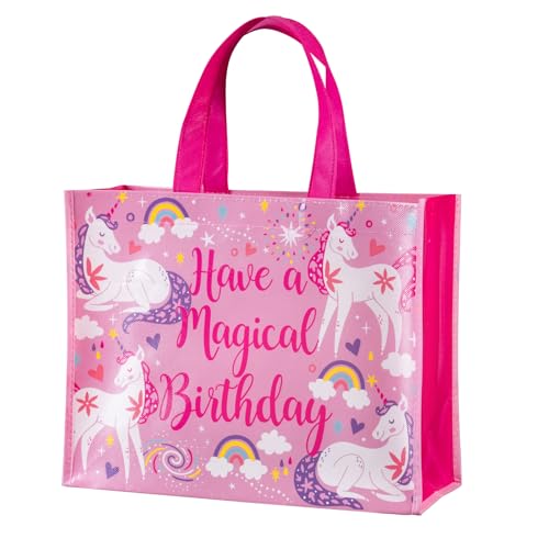 WRAPAHOLIC Large Reusable Magical Unicorn Birthday Gift Bag with Handles - 10 x 5 x 13 inch - Pink Magical Bday Gift Bags for Girls Birthday, Baby Girl Shower and Shopping