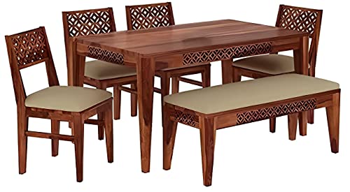 Image of DIA Chitra Furniture Sheesham Solid Wood Six Seater Honey Finish Dining Table Set with 4 Chair and 1 Bench, Cream Cushion