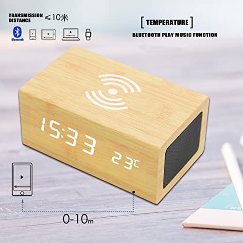 Reloj despertador digital con altavoz Bluetooth y carga inalámbrica para teléfonos inteligentes, versátil y elegante dispositivo para el hogar