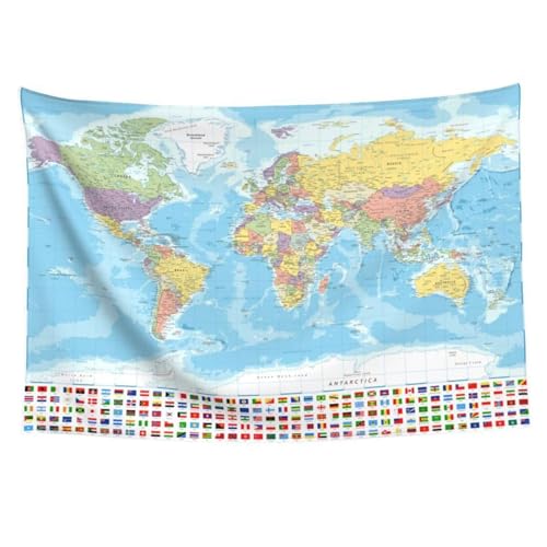 Fadeless World Map Wandteppich Wandhänge, 59 x 39 Zoll Bildungswand Hanging Wandteppich mit Ländern, Großstädten und Nationalflaggen für Schlafzimmer, Wohnzimmer, Büro, Klassenzimmer, Masch