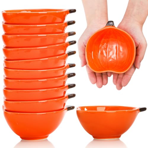 Noamus 12 Pcs Ceramic Pumpkin Ramekins, 6 Oz Oven Safe Pumpkin Shaped Bowls, Mini Orange Fall Baking Dish for Creme Brulee Souffle Pudding, Serving Dip Sauce Condiments Snack Dessert, Halloween
