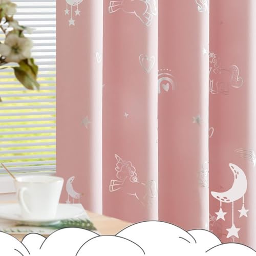 Image of BFAM Kids Blackout Curtains 7 feet Set of 1 - 100% Room Darkening, Thermal Insulated, Noise Reducing, Cute Unicorn Pink Prints, Eyelet Curtains for Playroom, Bedroom & Nursery, Pack of 1 Curtain