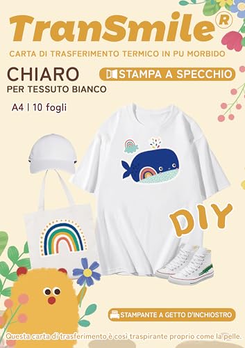 TRANSMILE (10 Fogli, A4 Carta trasferibile a Caldo Magliette,Vinile stampabile a trasferimento Termico per Tessuti Bianco,Stampa a specchioi Transfer Paper