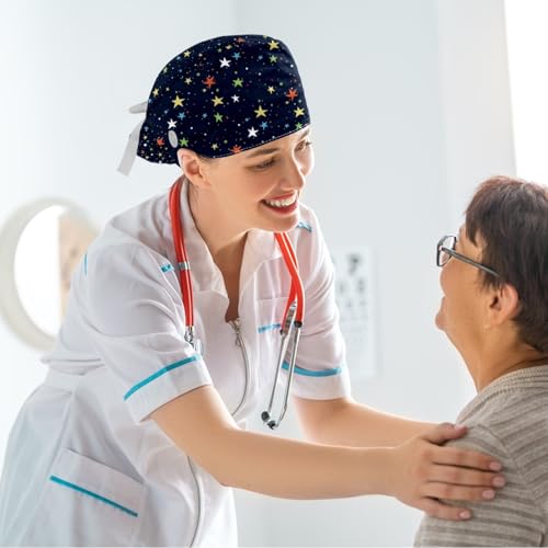 Medical Nurse Scrub Caps with Hair Tie Colorful Little Starry Pattern Dark Blue Working Cap Adjustable Tie Back Bouffant Hats with Button for Women Long Hair