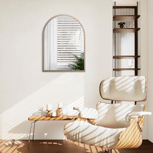 Image of Large Arch Wall Mirror Bathroom Mirror Brass 26 inchx18 inch Metal Framed Mirror, Arched Wall Mounted Vanity Mirror for Bedroom, Living Room, Entryway