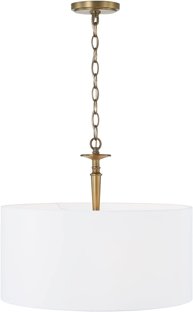 Capital Lighting 342631AD Abbie Transitional White Fabric Shade Drum Pendant Light Fixture, 3-Light 300 Total Watts, 16" H x 19" W, Aged Brass