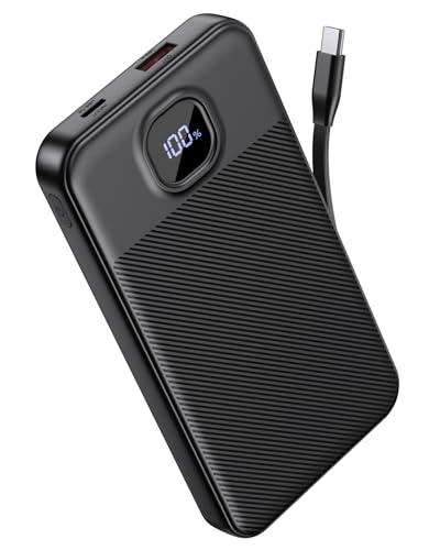 GREPRO Power Bank with Built in Cable 22.5W Fast Charging 10000mAh Portable Charger with Type-C Input and 2 USB-C + USB-A Output Ports Compatible with iPhone 17 16 15 Pro Max phones and Tablets