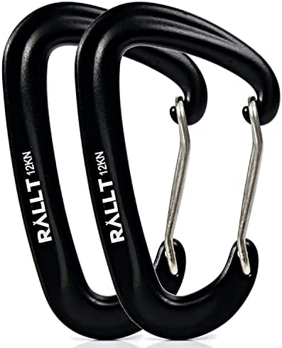 RALLT Wire Gate Carabiners - 12kN (2697lb) Snag-free Heavy Duty Carabiner Clip for Hiking, Hammock & Backpacking - Made with Lightweight, No Rust Aluminum Material- Camping Accessories (Black, 2 Pack)