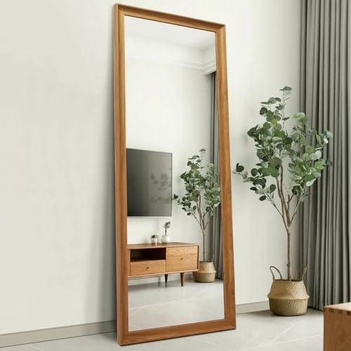 Image of APRODZ Full Length Mirror with Wooden Frame | 65x22 Inch Floor Standing Full Body Mirror | HD Large Dressing Mirror with Stand & Wall Hanging Option for Bedroom, Living Room & Studio