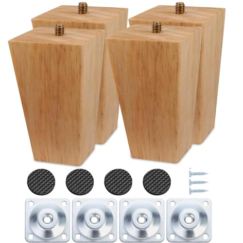 Goomp Patas para muebles de madera de 12 cm, 4 patas de madera de roble para muebles, patas de sofá, patas para cómoda, patas cuadradas para muebles con placas de montaje, tornillos y almohadillas