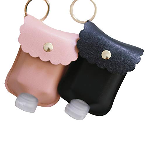 SYSI 2 Onces Porte-Clés Bouteilles de Voyage Rechargeables, Bouteille de Voyage en Plastique étanche avec Porte-clés en Cuir pour désinfectant pour Les Mains, Huile Essentielle (Noir+Rose) Cover