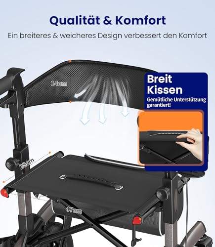 VOCIC Rollator Faltbar und Leicht mit Sitz,Outdoor Rollator mit Gummi-Nonluftbereifung für Allen Gelände,Aluminium Höhenverstellbare Rollatoren für Draußen&Langlauf&Reisen,Grau(5 Jahre Support)