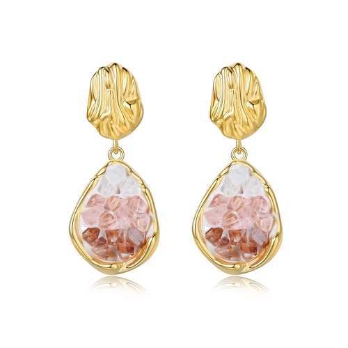 SIXFOX Crystal Earrings for Women, 14K Gold Plated Drop Earrings Pink