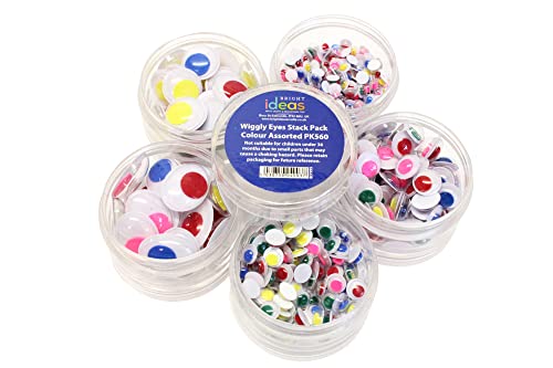 Bright Ideas Mixed Wiggle Eyes for Kids Arts and Crafts, Plastic Googly Eyes for Decoration, DIY Scrapbooking Toy Accessories, 5 Mixed Sizes, Assorted Caddy Stack of 560 Pieces Assorted Colours