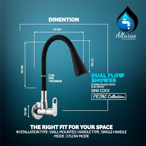 Image of ALTURAS Dual Flow Black Kitchen Sink Cock with 360 Degree Swivel Spout | Kitchen Sink Tap | Kitchen Faucet | Tap for Kitchen (Orio)